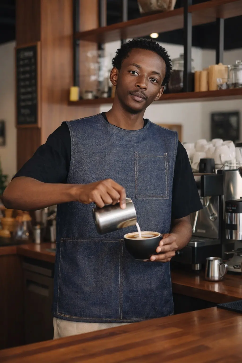 The Pullover denim apron worn in a café