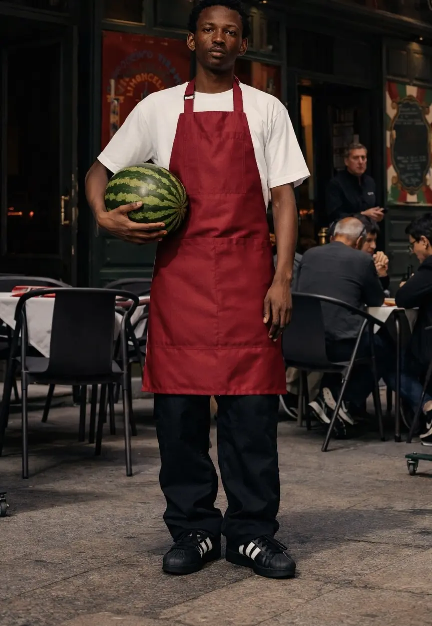 Hospitality professional in an apron outside a busy restaurant