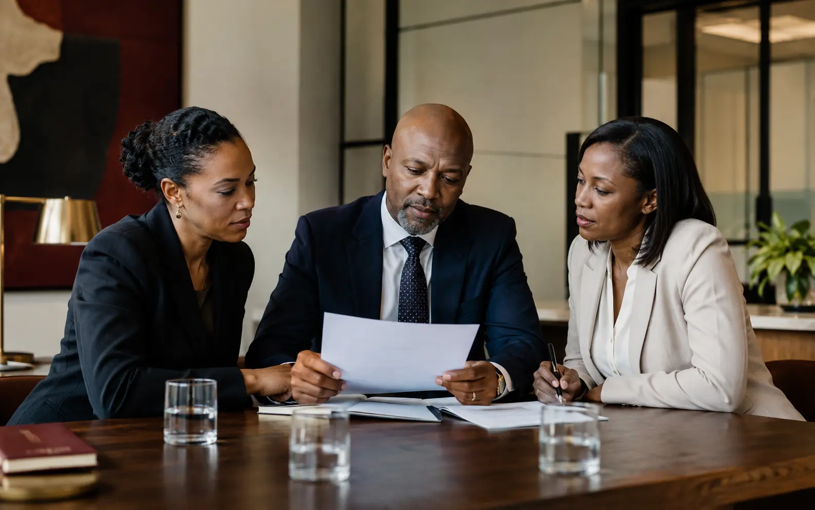 Professional advisers carefully reviewing a matter together