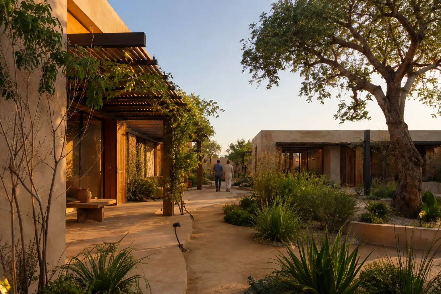 Earth-toned courtyard property with indigenous landscaping