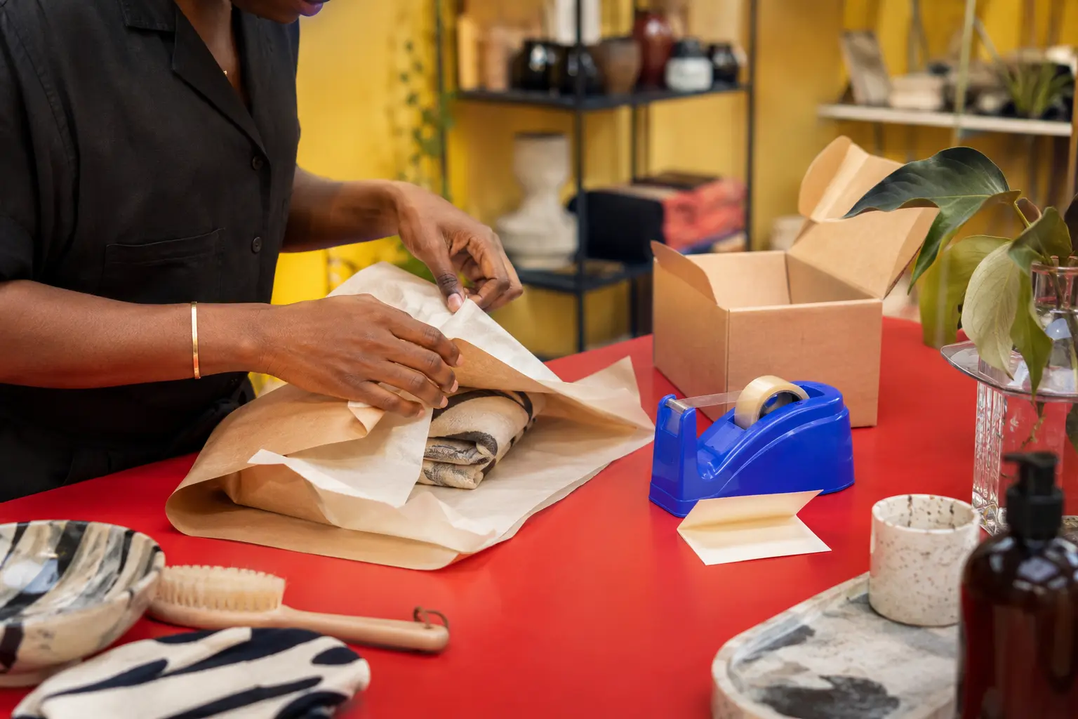 Retailer carefully wrapping a customer order